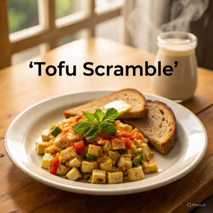 Tofu scramble breakfast showing tofu benefits and disadvantages, a high-protein, energy-boosting vegan option.