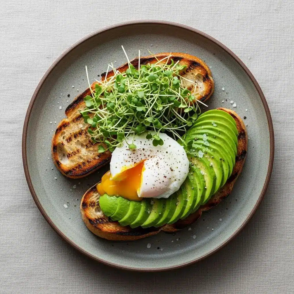 Avocado toast with poached egg — a healthy low calorie breakfast meals option.
