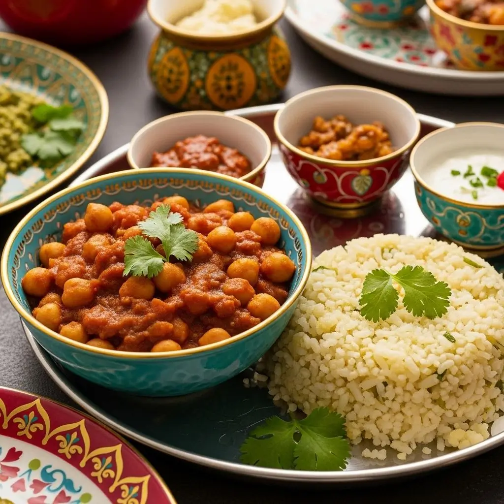 Chickpea curry with cauliflower rice — a flavorful Indian plant-based low calorie dinner meals option.