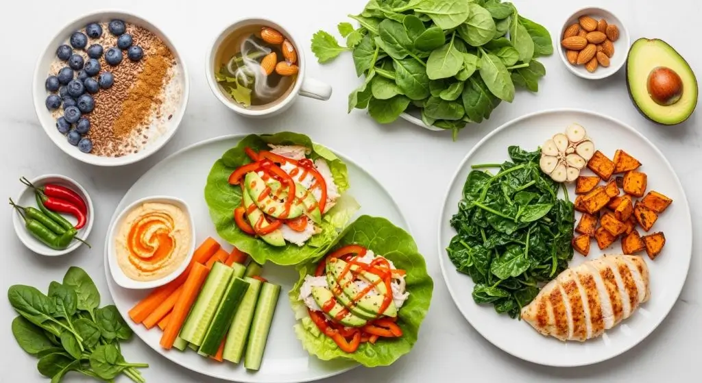 Fat burning meals plan with lean proteins, green vegetables, and metabolism boosting foods