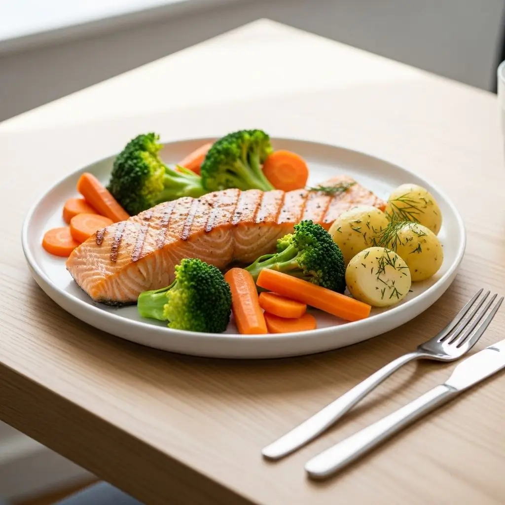 Grilled salmon with steamed vegetables — a heart-healthy Scandinavian low calorie dinner meals option.