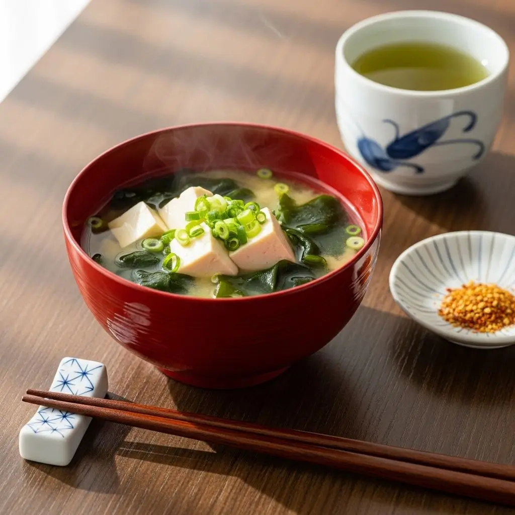 Miso soup with tofu & seaweed — a light Japanese healthy low calorie lunch meals choice.