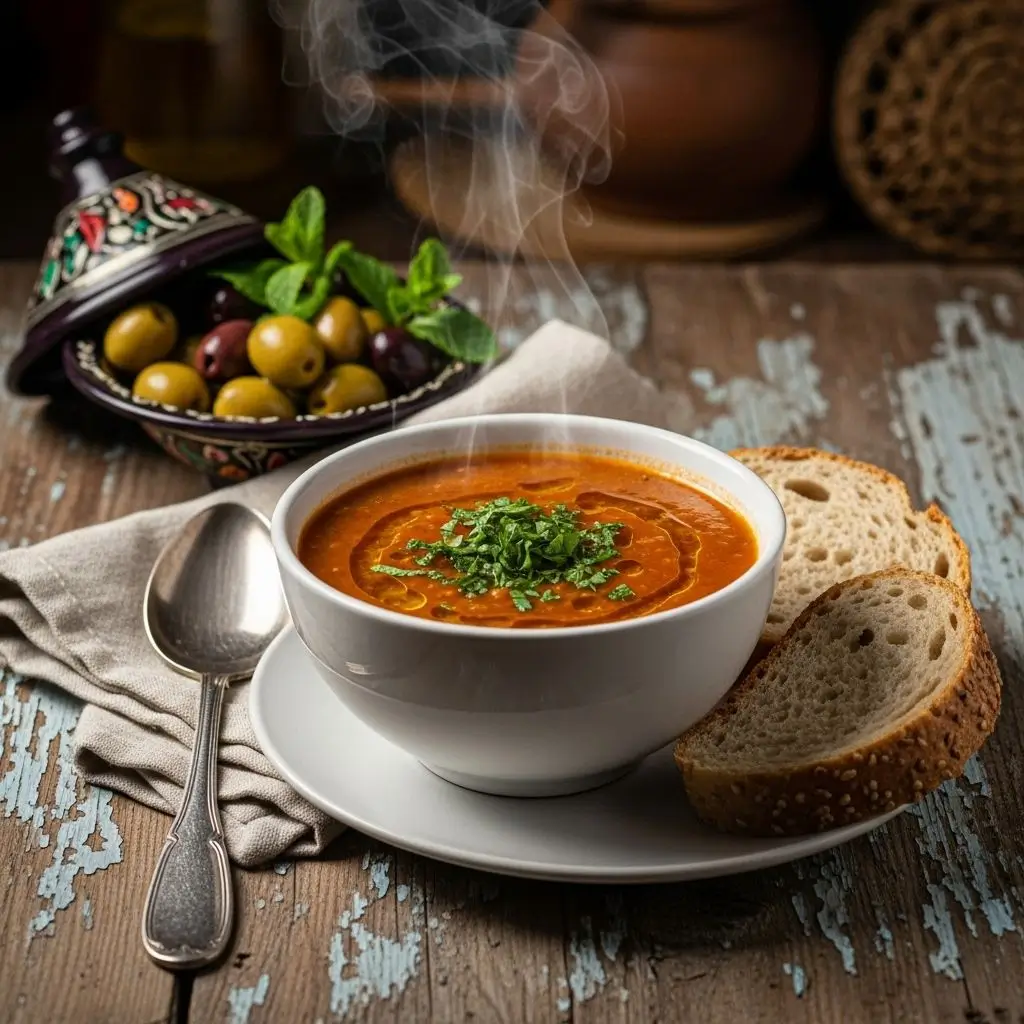 Lentil soup with whole-grain bread — a protein-rich low calorie lunch meals option from Middle East.