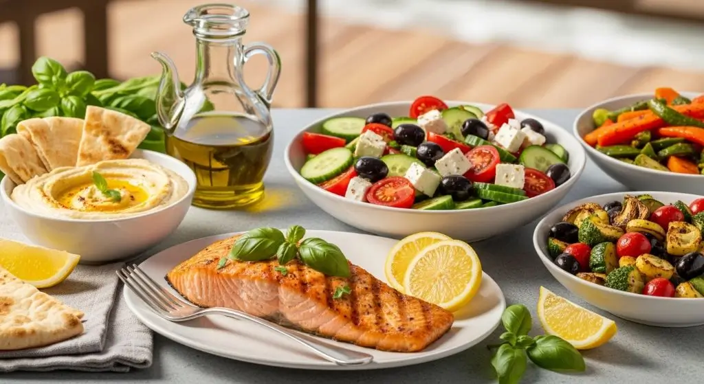 Mediterranean diet with olive oil, vegetables, fish, and whole grains for weight loss