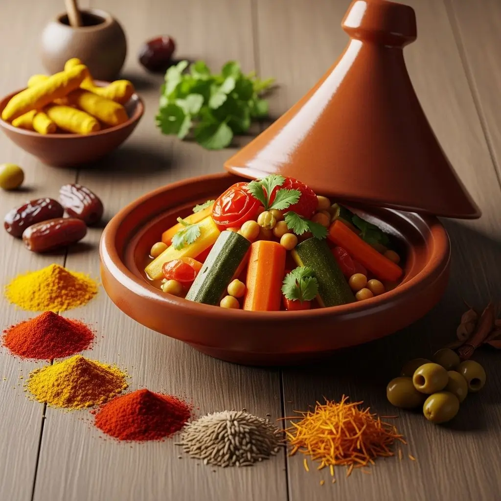 Moroccan tagine with vegetables — an aromatic low calorie dinner meals choice from Morocco.