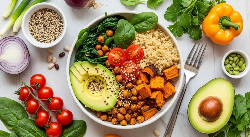 Plant based diet with lentils, tofu, chickpeas, and vegetables for healthy weight loss