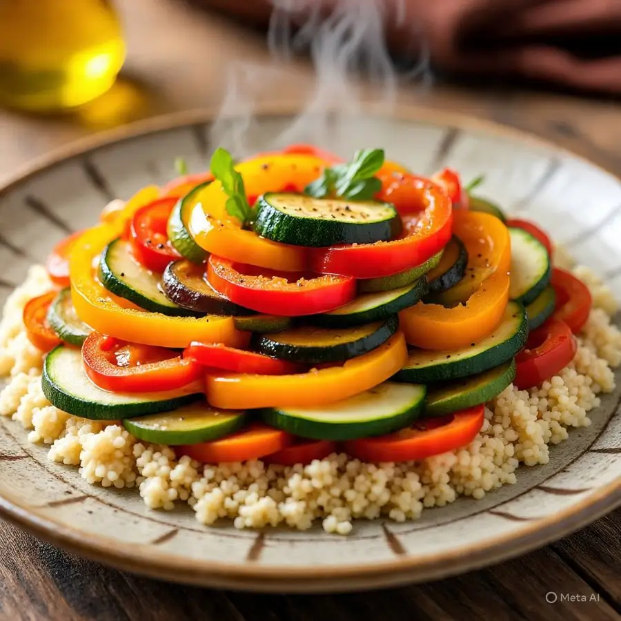 Ratatouille with couscous — a rustic French low calorie dinner meals option.
