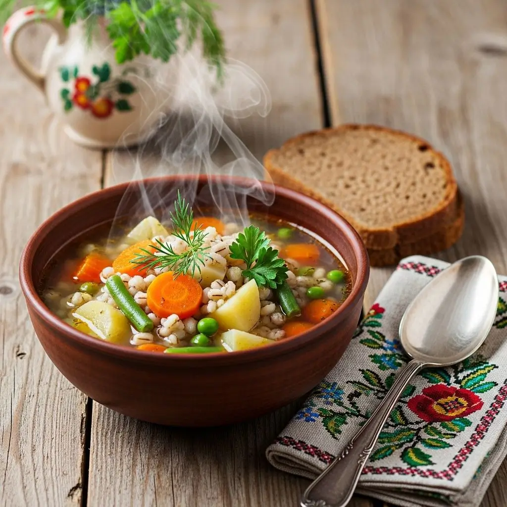 Vegetable and barley soup — a warming Eastern European low calorie dinner meals choice.
