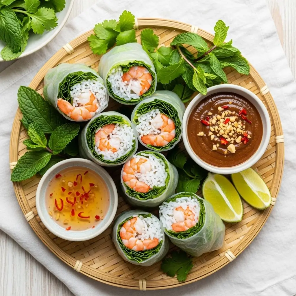 Vietnamese summer rolls with herbs — a fresh Vietnamese low calorie lunch meals idea.