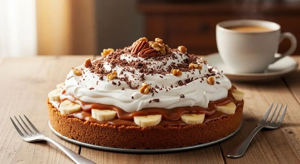 Banoffee Pie Banapple topped with grated chocolate and nuts.