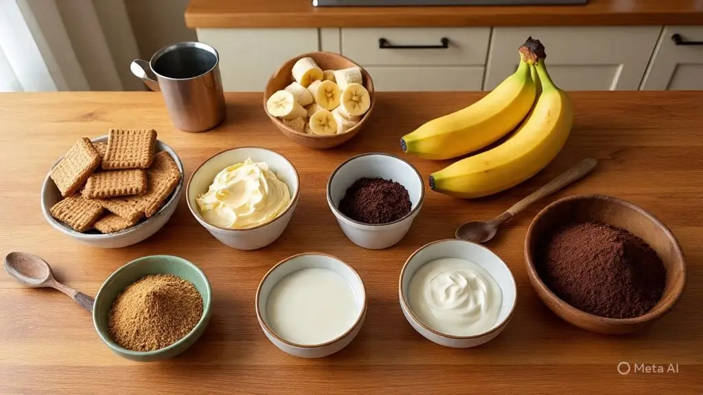 Banoffee Pie Banapple ingredients – biscuits, butter, bananas, condensed milk, cream, chocolate.