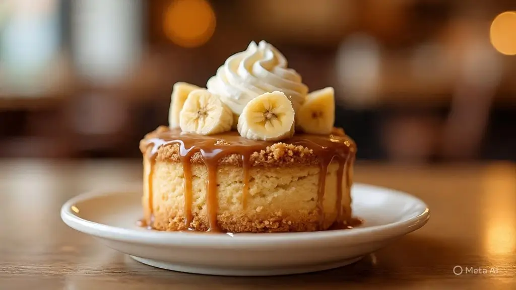 Banoffee pie crumbl cookie topped with banana slices, caramel drizzle, and whipped cream on a dessert plate.