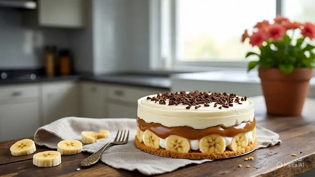 Banoffee Pie Banapple with crust, caramel, bananas, cream, and chocolate shavings