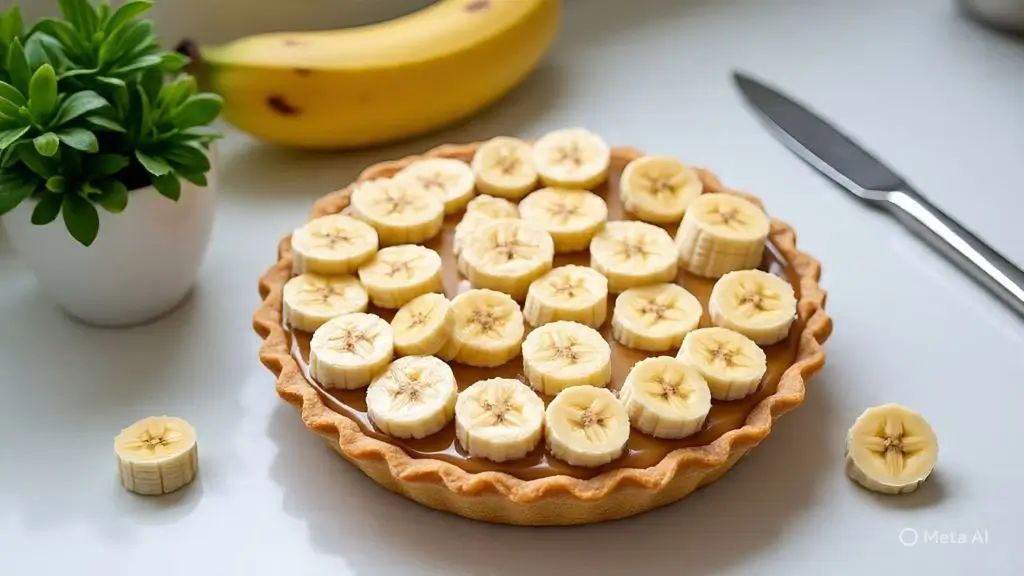 Fresh banana slices layered over caramel for Banoffee Pie Banapple.