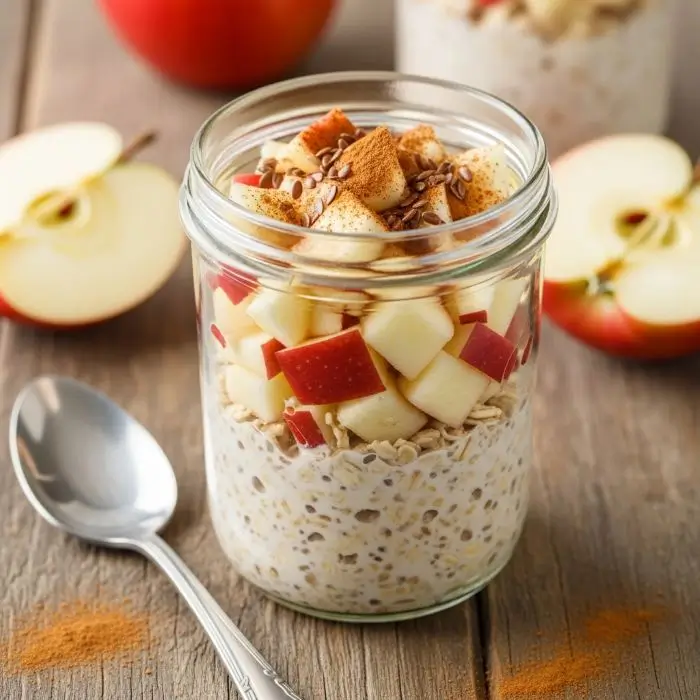 Cinnamon apple overnight oats jar with diced apples, flaxseed, and cinnamon on wood table, showing oats vs oatmeal nutrition.