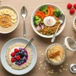 Oats vs oatmeal feature image with bowls showing fitness oats, savory diabetes recipe, and kid-friendly berry oatmeal bowl.