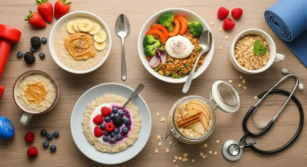 Oats vs oatmeal feature image with bowls showing fitness oats, savory diabetes recipe, and kid-friendly berry oatmeal bowl.