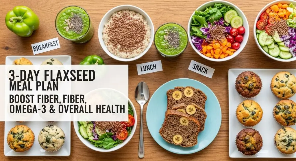 Three-day meal plan from healthy flaxseed food recipes for balanced nutrition and energy