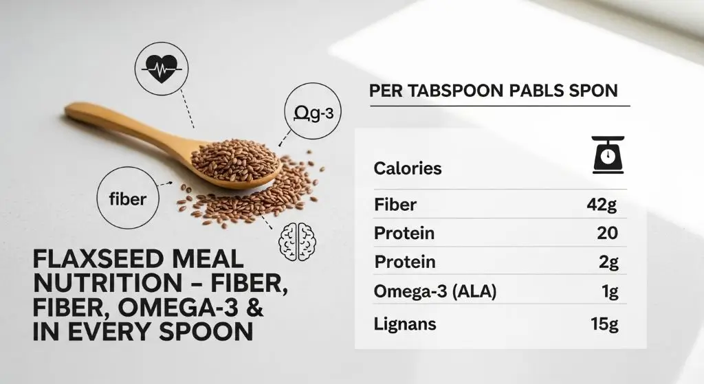 Nutrition chart in healthy flaxseed food recipes showing calories, fiber, protein, and omega-3s per tablespoon