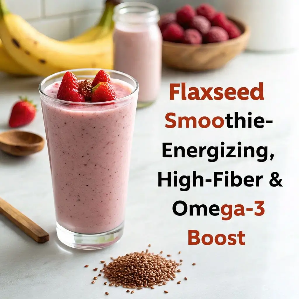 Flaxseed smoothie from healthy flaxseed food recipes made with banana, berries, and plant milk