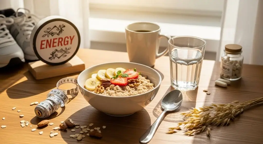 Bowl of oatmeal with fruit, water, and health symbols showing digestion, energy, satiety, and nutrient benefits.