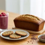 Healthy flaxseed food recipes featuring banana bread, smoothie, crackers, and oat muffins with flaxseed meal.