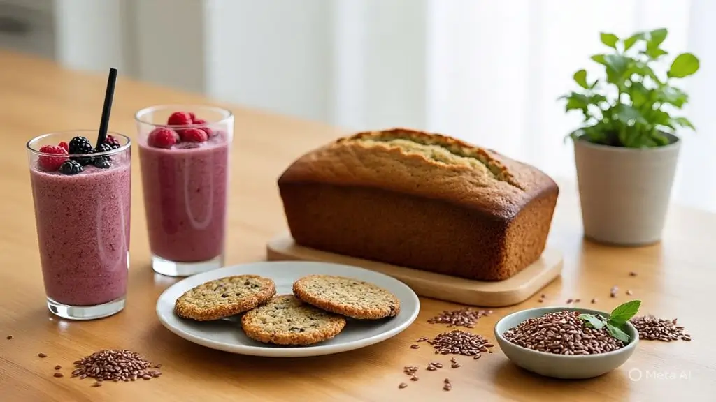 Healthy flaxseed food recipes featuring banana bread, smoothie, crackers, and oat muffins with flaxseed meal.