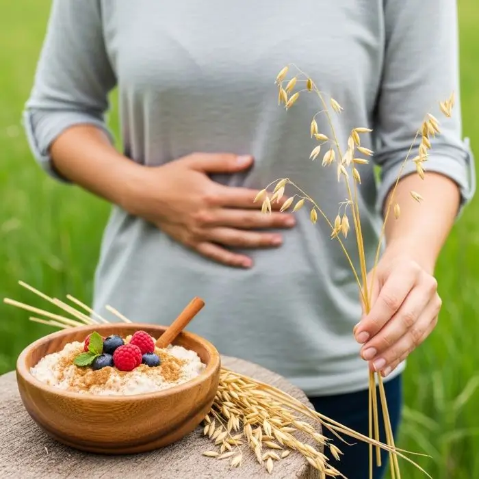 Gut health benefits of oats vs oatmeal bowl and person holding stomach happily.