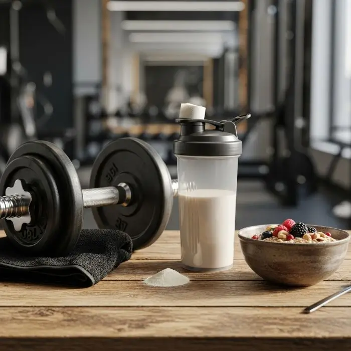 Dumbbell and protein shaker beside oatmeal bowl symbolizing muscle recovery benefits.