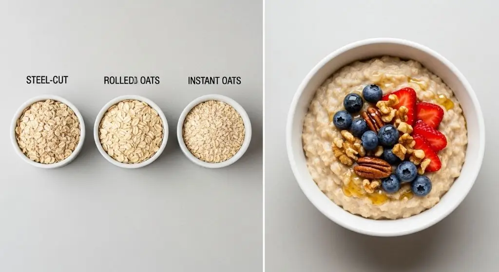 A bright, side-by-side shot: raw oats (steel-cut, rolled, instant) in bowls on one side, creamy oatmeal with fruit toppings on the other.