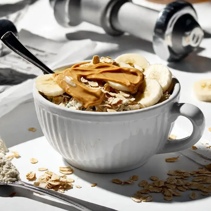 Bowl of protein oatmeal topped with banana slices and peanut butter, with whey protein and fitness gear in the background.
