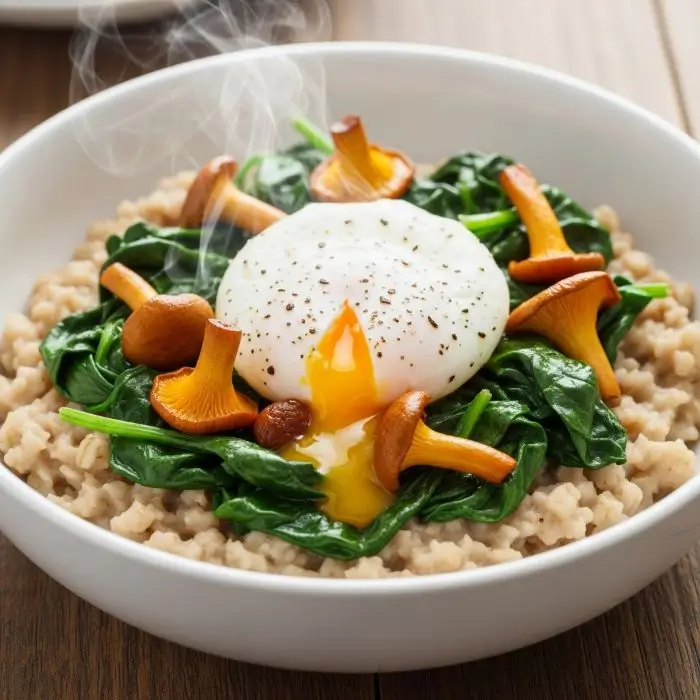 Savory steel-cut oat bowl with sautéed spinach, mushrooms, and a poached egg, a healthy recipe for diabetes and cholesterol control.