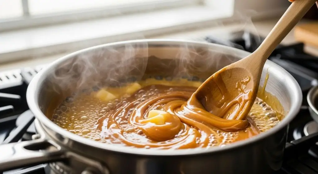 Golden caramel bubbling in pan for Banoffee Pie Banapple filling.