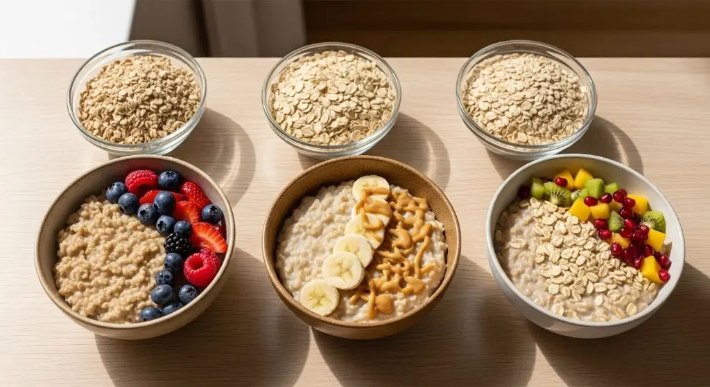 Steel-cut, rolled, and instant oats with their cooked oatmeal bowls showing texture and recipe differences.