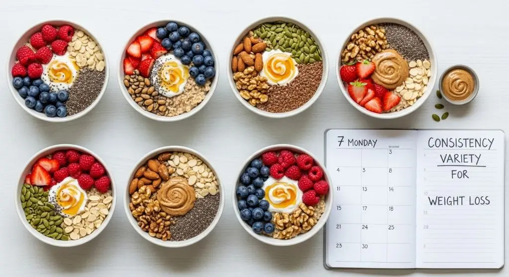 Seven oatmeal bowls with fruit, nuts, and seeds arranged by day, illustrating a 7-day oatmeal diet for weight loss plan.