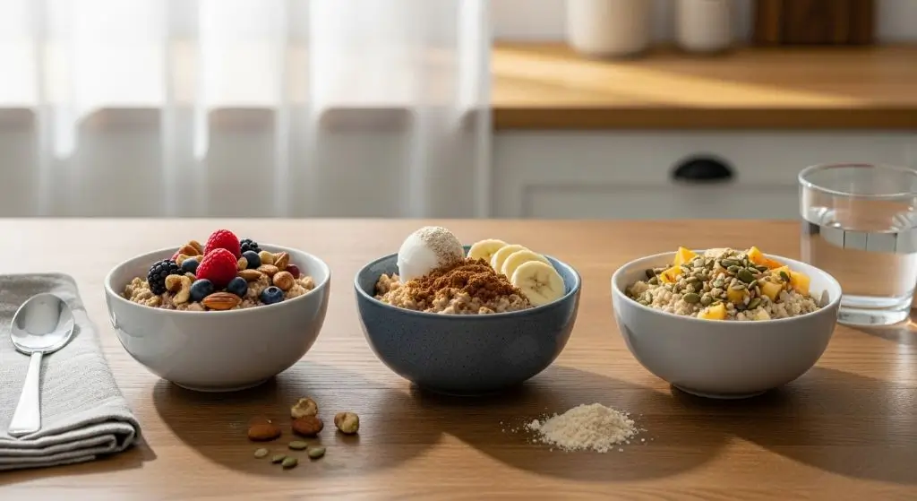 Three bowls of oatmeal for weight loss, styled for breakfast, post-workout, and light dinner, showing timing benefits.