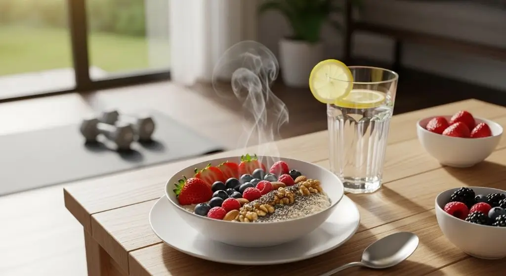 Oatmeal for weight loss with protein, berries, and nuts paired with hydration and exercise for optimal results.