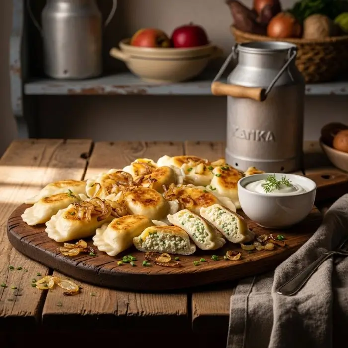 Polish pierogi with ricotta and cottage cheese fillings, served with caramelized onions and yogurt on a rustic wooden board.