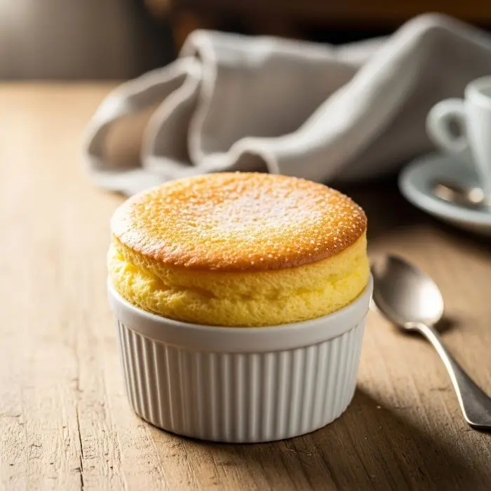 Fluffy ricotta soufflé in a white ramekin, golden on top, sitting on a rustic French café table with soft natural light.
