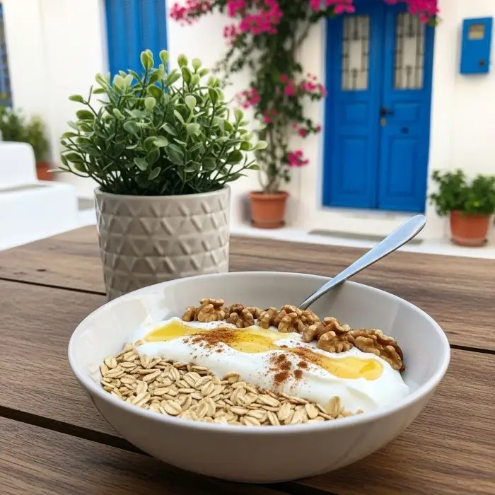 Greek yogurt oat bowl with nuts, honey, and cinnamon outdoors with traditional Greek architecture, healthy oatmeal for weight loss.