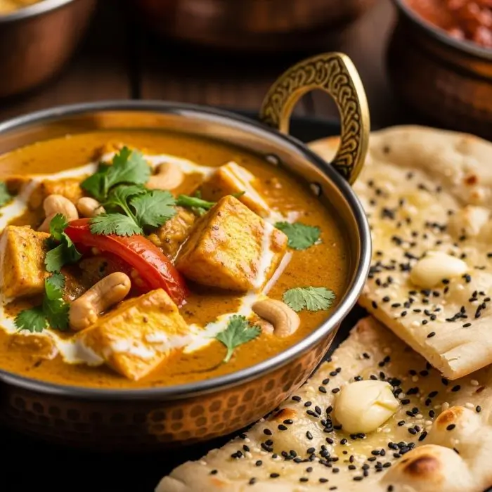 Indian paneer-style cottage cheese curry served with naan, featuring rich spices, creamy sauce, and protein-packed cottage cubes.