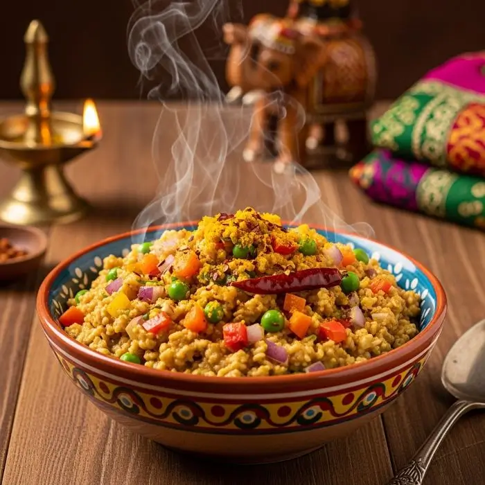 Indian masala oats with vegetables and spices in a bowl, a savory and healthy oatmeal for weight loss breakfast.