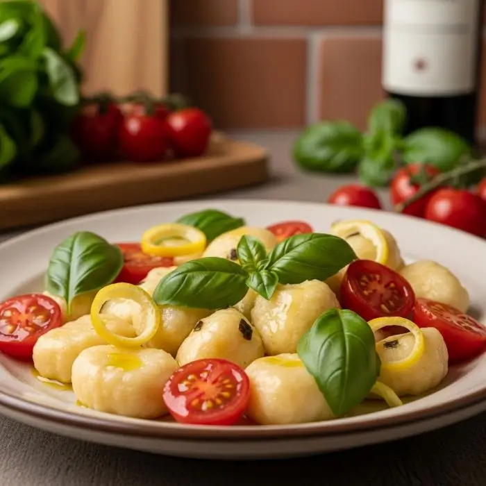 Italian ricotta lemon gnocchi with cherry tomatoes, olive oil, and basil showing the soft, creamy texture of classic ricotta pasta.