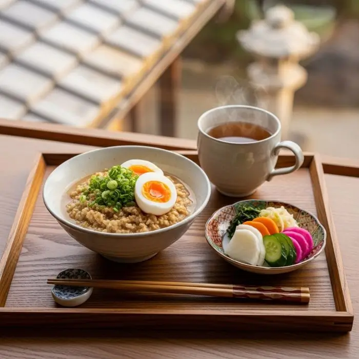 Japanese miso oat porridge with scallions and egg on a tray with tea and pickles, healthy oatmeal for weight loss.