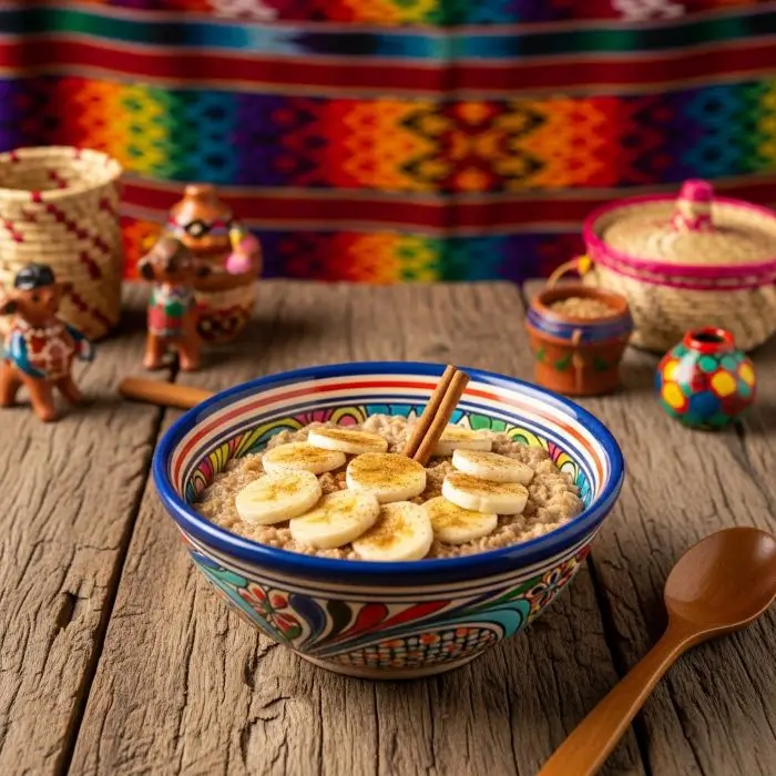 Latin American banana-cinnamon oat bowl with traditional decorations, vibrant textiles, a healthy oatmeal for weight loss breakfast.