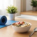 Healthy oatmeal for weight loss topped with fruits and nuts beside fitness gear, symbolizing balance and active living.