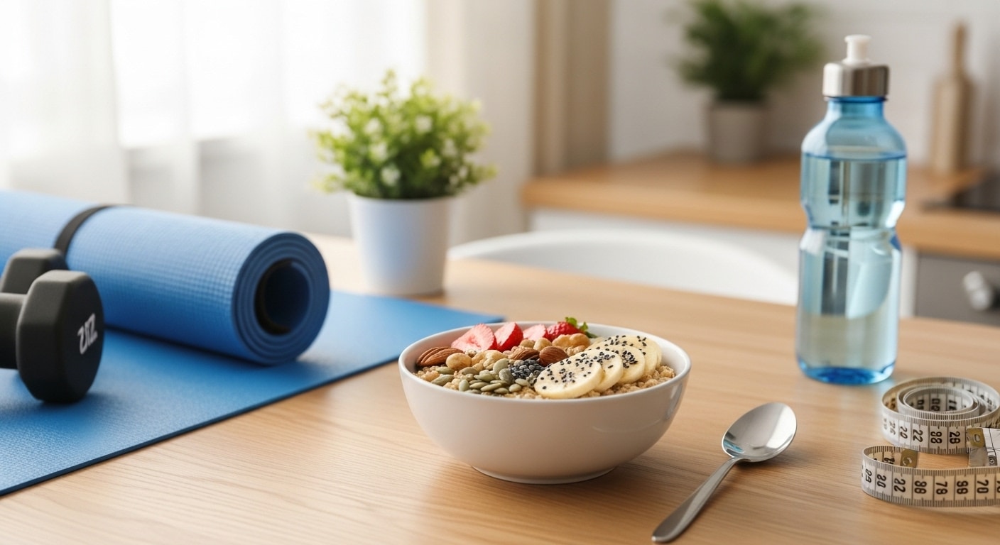 Healthy oatmeal for weight loss topped with fruits and nuts beside fitness gear, symbolizing balance and active living.