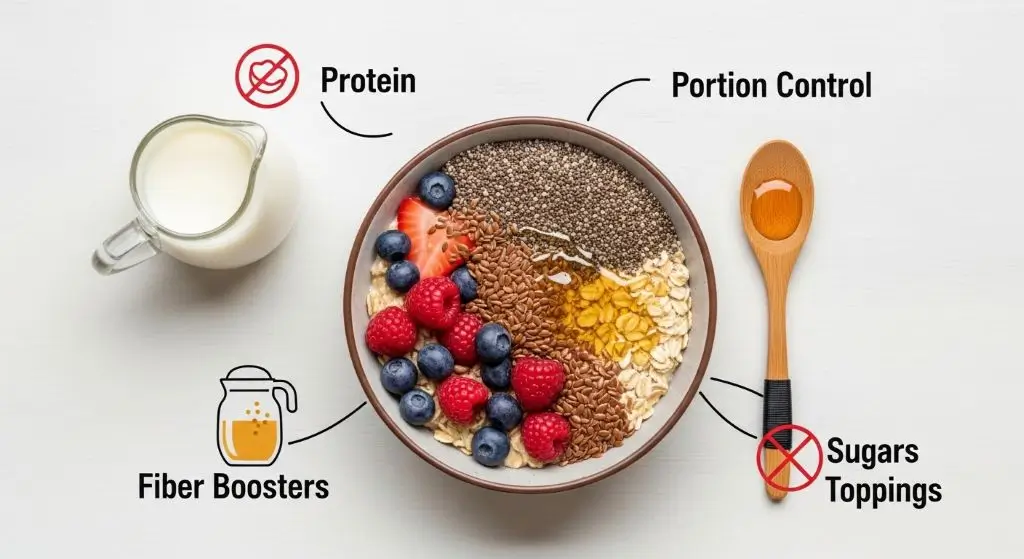 Oatmeal bowl with berries, seeds, and almond milk showing portion control, protein, fiber, and healthy tips for weight loss.