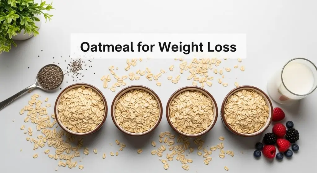 Different types of oatmeal for weight loss: steel-cut, rolled, instant, and oat bran with berries and chia seeds.