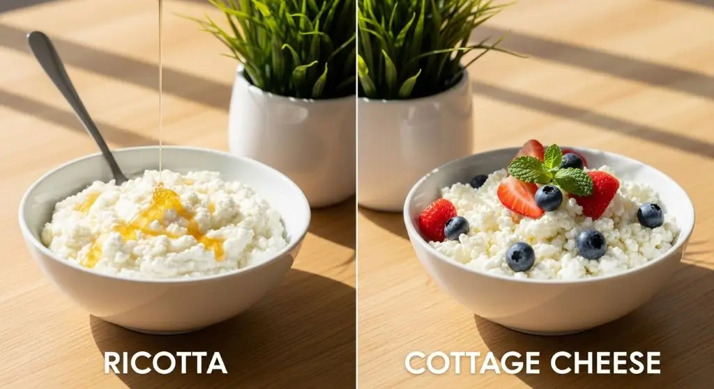 Side-by-side bowls of ricotta and cottage cheese showing texture and color differences for ricotta vs cottage cheese comparison.